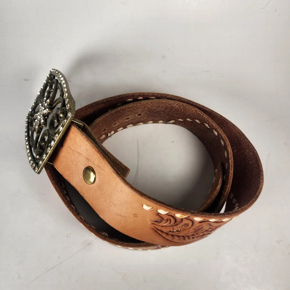 Western Rhinestone Belt Size 32 Brown Tooled Leather Cowboy Rodeo Equestrian - Picture 2 of 9